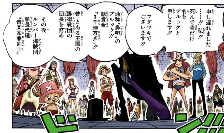 ワンピース 第489話 ブルック「とある王国の護衛戦団の団長を務め」
